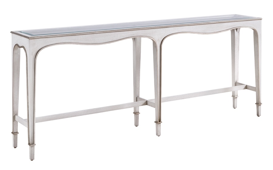 Giverny Console&nbsp;shown with:Twilight&nbsp;finish with&nbsp;Cashmere&nbsp;Silver&nbsp;finish trimCashmere Silver finish on Inside LegInset Clear Top with Beveled Glass&nbsp;Edge