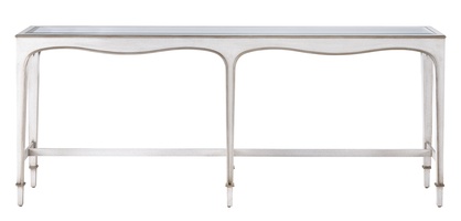 Giverny Console&nbsp;shown with:Ensemble&nbsp;finish with&nbsp;Cashmere&nbsp;Silver&nbsp;finish trimInset Clear Top with Beveled Glass&nbsp;Edge