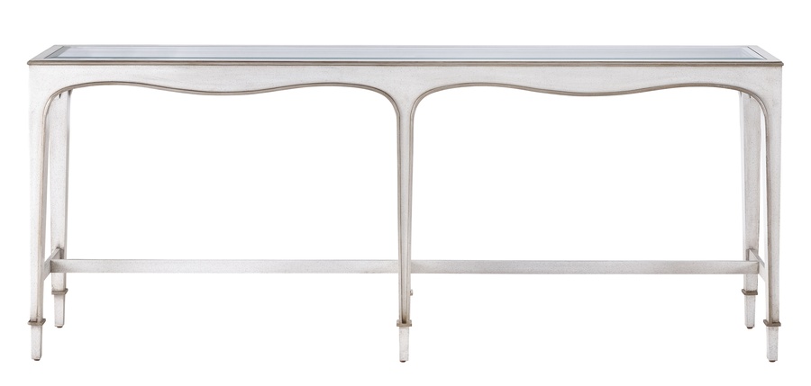 Giverny Console&nbsp;shown with:Twilight&nbsp;finish with&nbsp;Cashmere&nbsp;Silver&nbsp;finish trimCashmere Silver finish on Inside LegInset Clear Top with Beveled Glass&nbsp;Edge