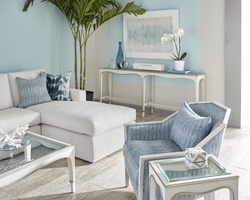 Giverny Console&nbsp;shown with:Ensemble&nbsp;finish with&nbsp;Cashmere&nbsp;Silver&nbsp;finish trimInset Clear Top with Beveled Glass&nbsp;Edge