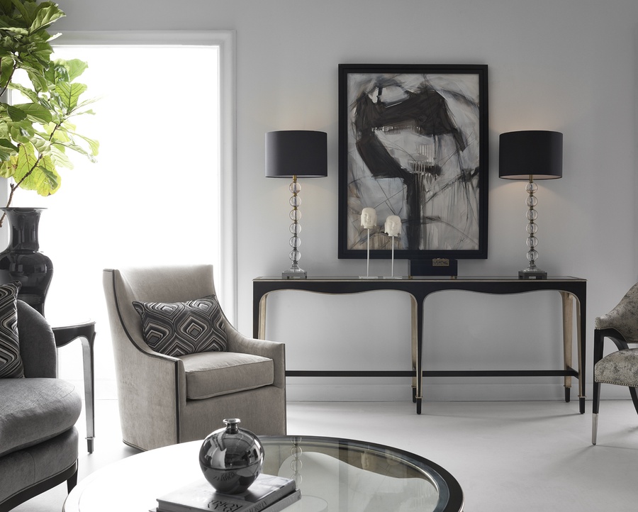 Giverny Console&nbsp;shown with:Twilight&nbsp;finish with&nbsp;Cashmere&nbsp;Silver&nbsp;finish trimCashmere Silver finish on Inside LegInset Clear Top with Beveled Glass&nbsp;Edge
