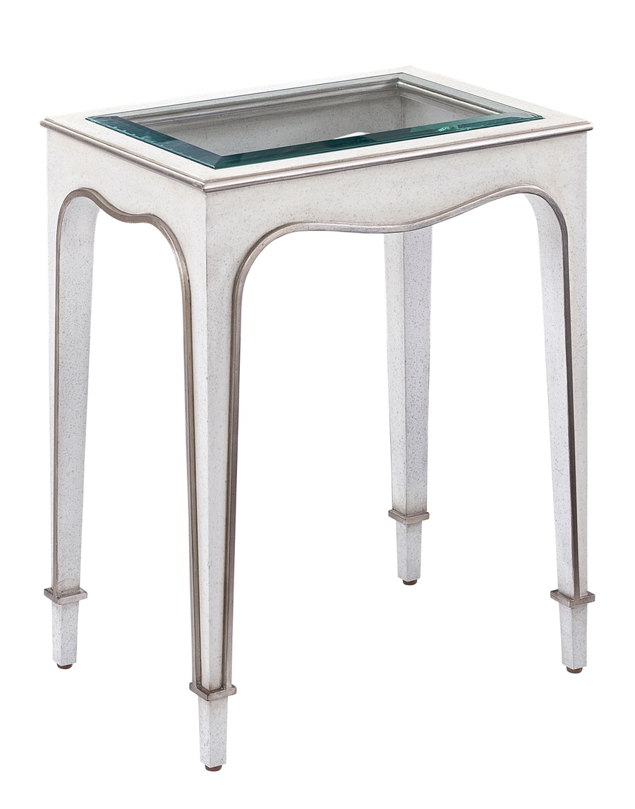 Giverny Chairside Table&nbsp;shown with:Ensemble&nbsp;finish with&nbsp;Cashmere&nbsp;Silver&nbsp;finish trimInset Clear Top with Beveled Glass&nbsp;Edge