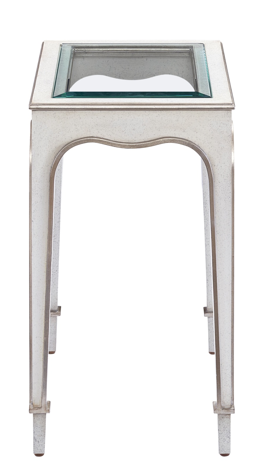 Giverny Chairside Table&nbsp;shown with:Ensemble&nbsp;finish with&nbsp;Cashmere&nbsp;Silver&nbsp;finish trimInset Clear Top with Beveled Glass&nbsp;Edge