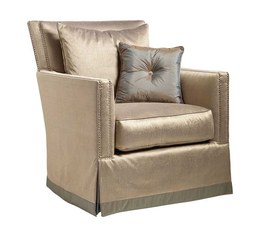 Hannah Chair shown with:Boxed seat cushionWaterfall skirt with built-in sides and backContrast band on bottom of skirtSilver&nbsp;nailhead frame trim
