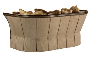 Iris Sofa shown with:Boxed bench seatBox pleated deep&nbsp;skirt with dressmaker back and sideswith decorative buttonsOld World Sumatra finishAged Gold Leaf finish trimAntique Brass nailhead frame trim