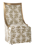 Jolie Side&nbsp;Chair shown with:Tight seat and backDeep skirt with split back and button detailPalazzo Silver finishMerengue&nbsp;naihead frame trimCasters