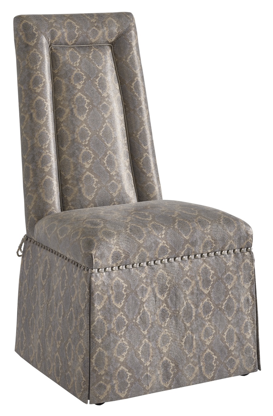 Justina Side Chair shown with:Tight seat and backDeep skirt with split back and button detailContrast underskirtAstoria nailhead trim around seatCastersAccessory tassel ties