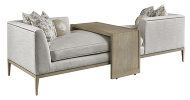 Libra Chaise shown with:(2) LIB44 Chaises and (1) LIB30 Accent TableBoxed bench seatBuilt-to-the-floor base with exposed wood legsin Dapple&nbsp;finishPewter nailhead frame trim