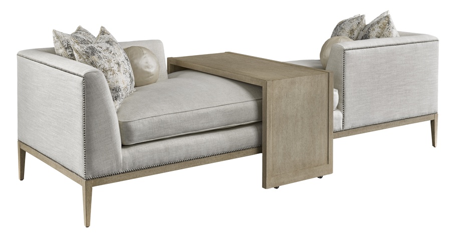 Libra Chaise shown with: Boxed bench seatBuilt-to-the-floor base with exposed wood legsin Dapple&nbsp;finishPewter nailhead frame trim