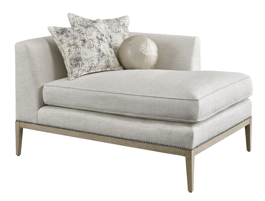 Libra Chaise shown with: Boxed bench seatBuilt-to-the-floor base with exposed wood legsin Dapple&nbsp;finishPewter nailhead frame trim