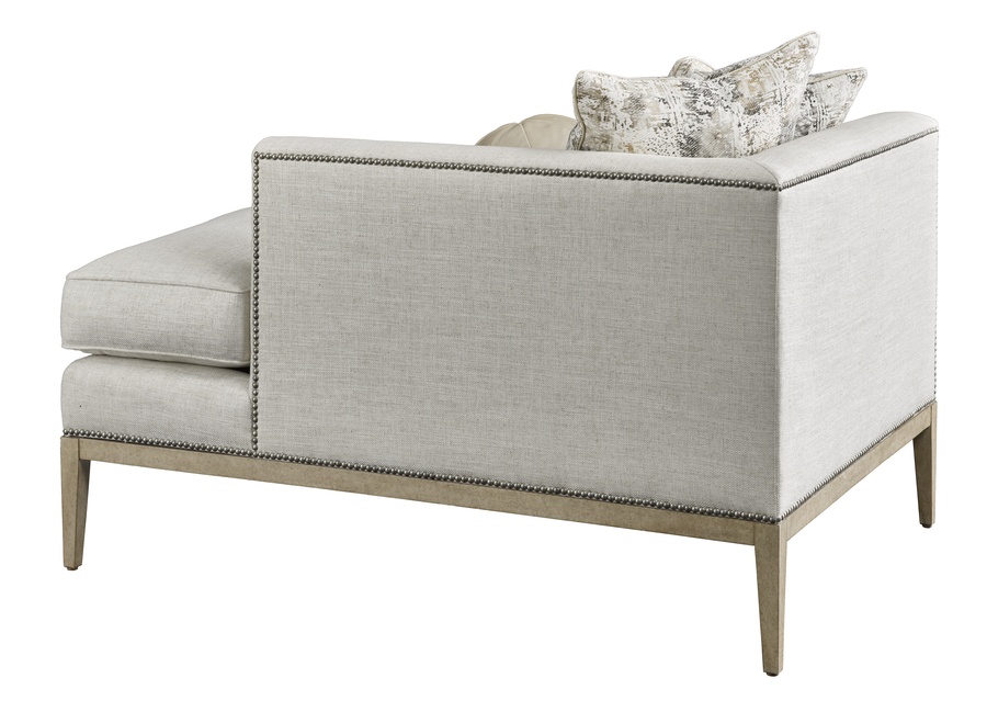 Libra Chaise shown with: Boxed bench seatBuilt-to-the-floor base with exposed wood legsin Dapple&nbsp;finishPewter nailhead frame trim