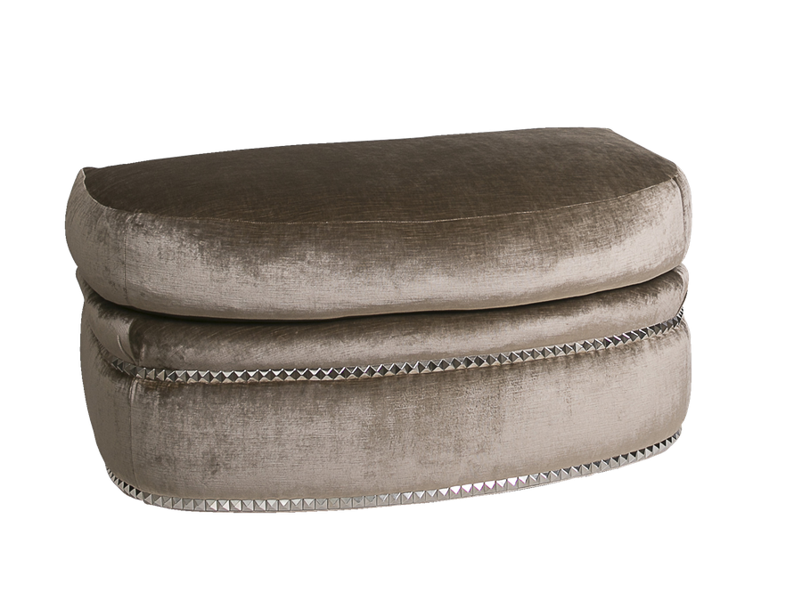 Lana Ottoman&nbsp;shown with:Semi-attached boxed seat cushionBuilt-to-the-floor with castersNailhead frame trim