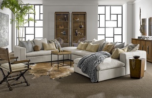 Lynx Sectional shown with:LNX44, LNX53, LNX62Boxed bench seatBuilt-to-the-floor base with wood legs in Saddle finish