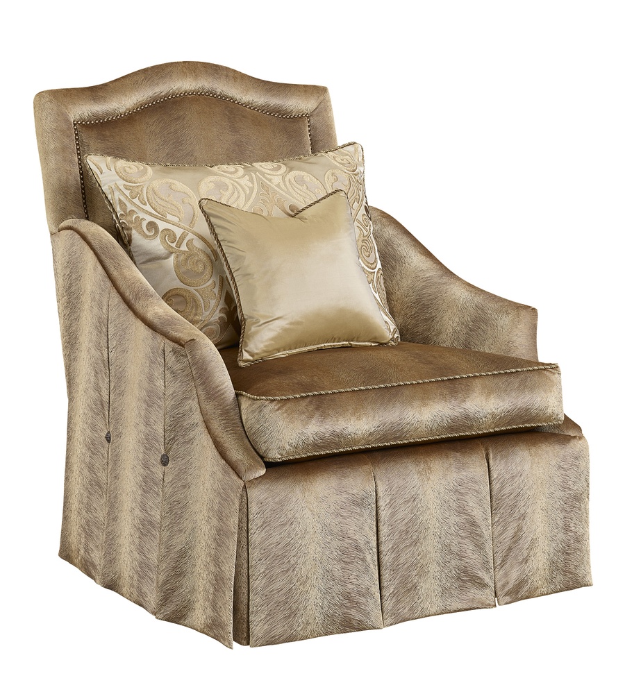 Marcella&nbsp;Chair shown with:Boxed seat cushionBox pleated waterfall front skirt with dressmakersides and back and button detail