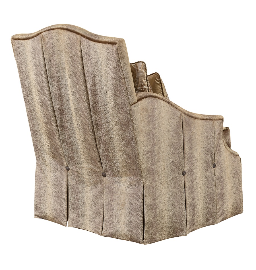 Marcella&nbsp;Chair shown with:Boxed seat cushionBox pleated waterfall front skirt with dressmakersides and back and button detail