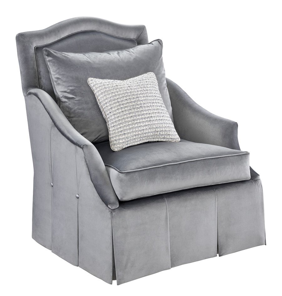 Marcella&nbsp;Chair shown with:Boxed seat cushionBox pleated waterfall front skirt with dressmakersides and back and button detail