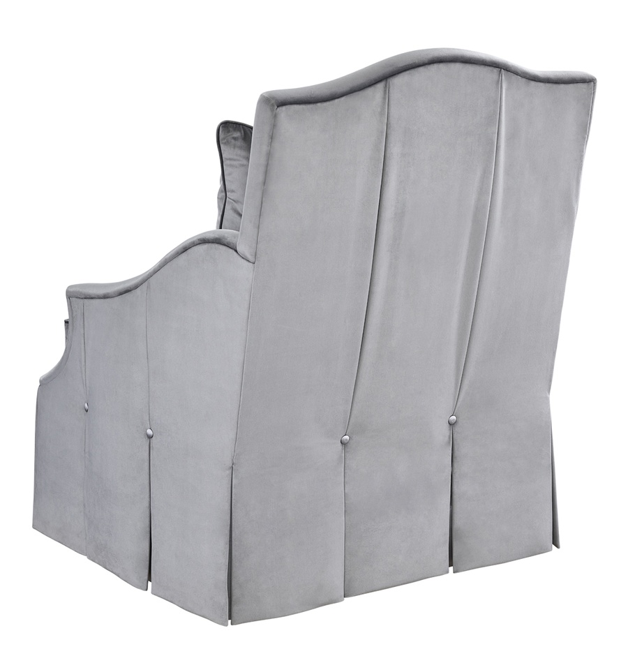 Marcella&nbsp;Chair shown with:Boxed seat cushionBox pleated waterfall front skirt with dressmakersides and back and button detail
