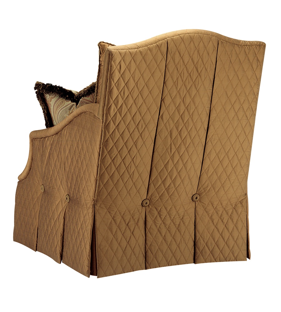 Marcella&nbsp;Chair shown with:Boxed seat cushionBox pleated waterfall front skirt with dressmakersides and back and button detail