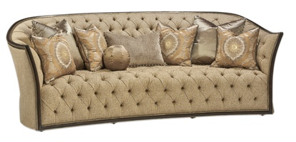 Mila Sofa shown with:Button tufted&nbsp;seat and backBuilt-to-the-floor&nbsp;front with&nbsp;built-in skirt on back and sidesand decorative button detailOrleans finishVersailles Leaf finish trimBraid frame trim around frontBronze Star nailhead frame trim on outside back and arms