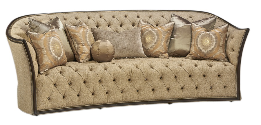 Mila Sofa shown with:Button tufted&nbsp;seat and backBuilt-to-the-floor&nbsp;front with&nbsp;built-in skirt on back and sidesand decorative button detailOrleans finishVersailles Leaf finish trimBraid frame trim around frontBronze Star nailhead frame trim on outside back and arms