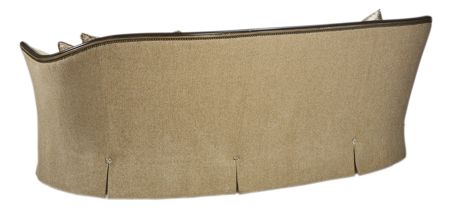 Mila Sofa shown with:Button tufted&nbsp;seat and backBuilt-to-the-floor&nbsp;front with&nbsp;built-in skirt on back and sidesand decorative button detailOrleans finishVersailles Leaf finish trimBraid frame trim around frontBronze Star nailhead frame trim on outside back and arms
