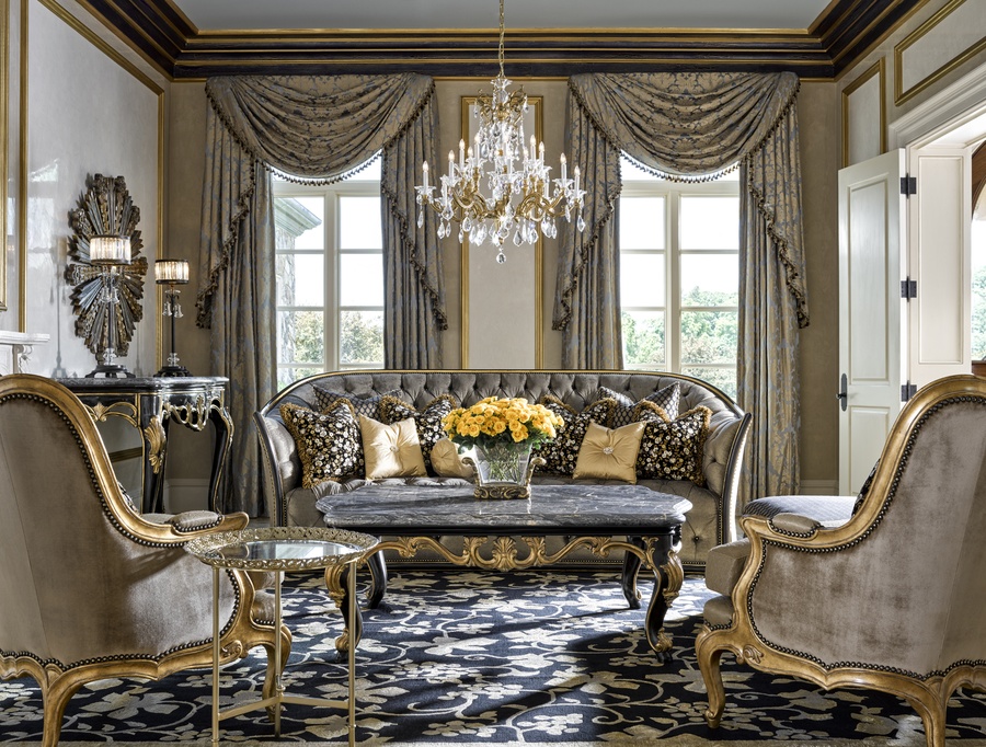 Mila Sofa shown with:Button tufted&nbsp;seat and backBuilt-to-the-floor&nbsp;front with&nbsp;built-in skirt on back and sidesand decorative button detailOrleans finishVersailles Leaf finish trimBraid frame trim around frontBronze Star nailhead frame trim on outside back and arms