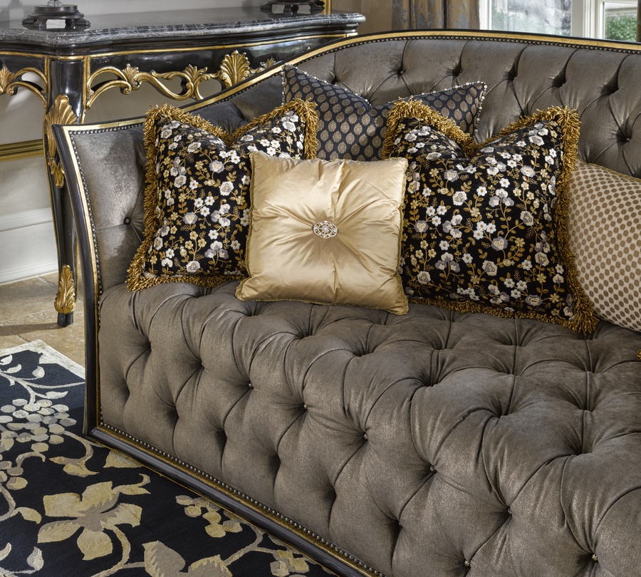 Mila Sofa shown with:Button tufted&nbsp;seat and backBuilt-to-the-floor&nbsp;front with&nbsp;built-in skirt on back and sidesand decorative button detailOrleans finishVersailles Leaf finish trimBraid frame trim around frontBronze Star nailhead frame trim on outside back and arms