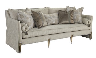 Marilyn&nbsp;Sofa shown with:Boxed bench seatExposed Wood legs with Built-in Sides and Back Waterfall skirtAntique Silver&nbsp;finishWhite Diamond&nbsp;nailhead frame trim
