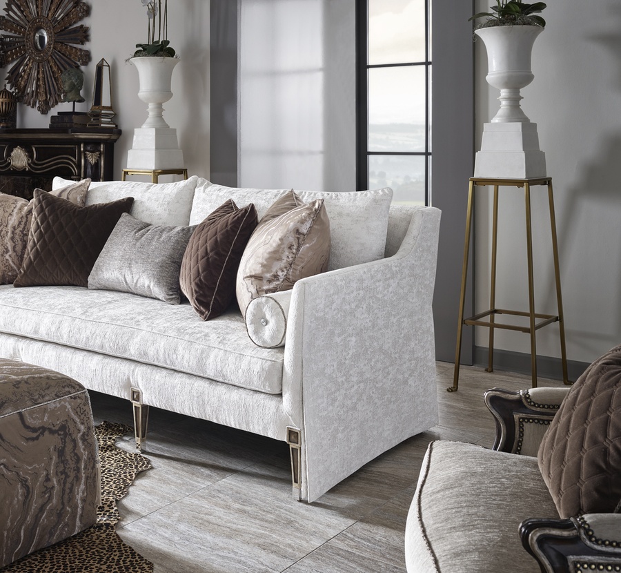 Marilyn&nbsp;Sofa shown with:Boxed bench seatExposed Wood legs with Built-in Sides and Back Waterfall skirtAntique Silver&nbsp;finishWhite Diamond&nbsp;nailhead frame trim