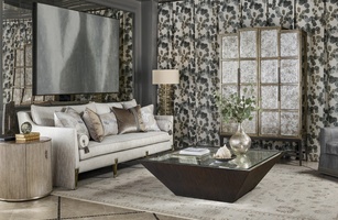 Marilyn&nbsp;Sofa shown with:Boxed bench seatExposed Wood legs with Built-in Sides and Back Waterfall skirtAntique Silver&nbsp;finishWhite Diamond&nbsp;nailhead frame trim