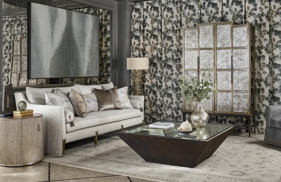 Marilyn&nbsp;Sofa shown with:Boxed bench seatExposed Wood legs with Built-in Sides and Back Waterfall skirtAntique Silver&nbsp;finishWhite Diamond&nbsp;nailhead frame trim