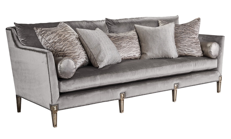 Marilyn&nbsp;Sofa shown with:Boxed bench seatExposed Wood legs with Built-in Sides and Back Waterfall skirtAntique Silver&nbsp;finishWhite Diamond&nbsp;nailhead frame trim