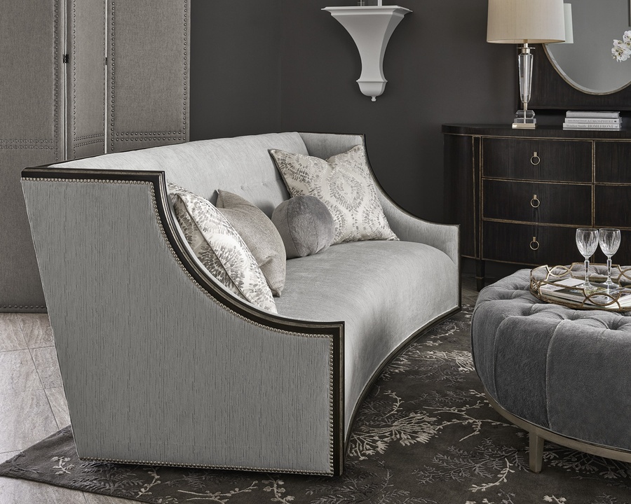 Nico Sofa shown with:Built-to-the-Floor baseTwilight&nbsp;finishAged&nbsp;Silver finish trimGlitterati nailhead frame trim