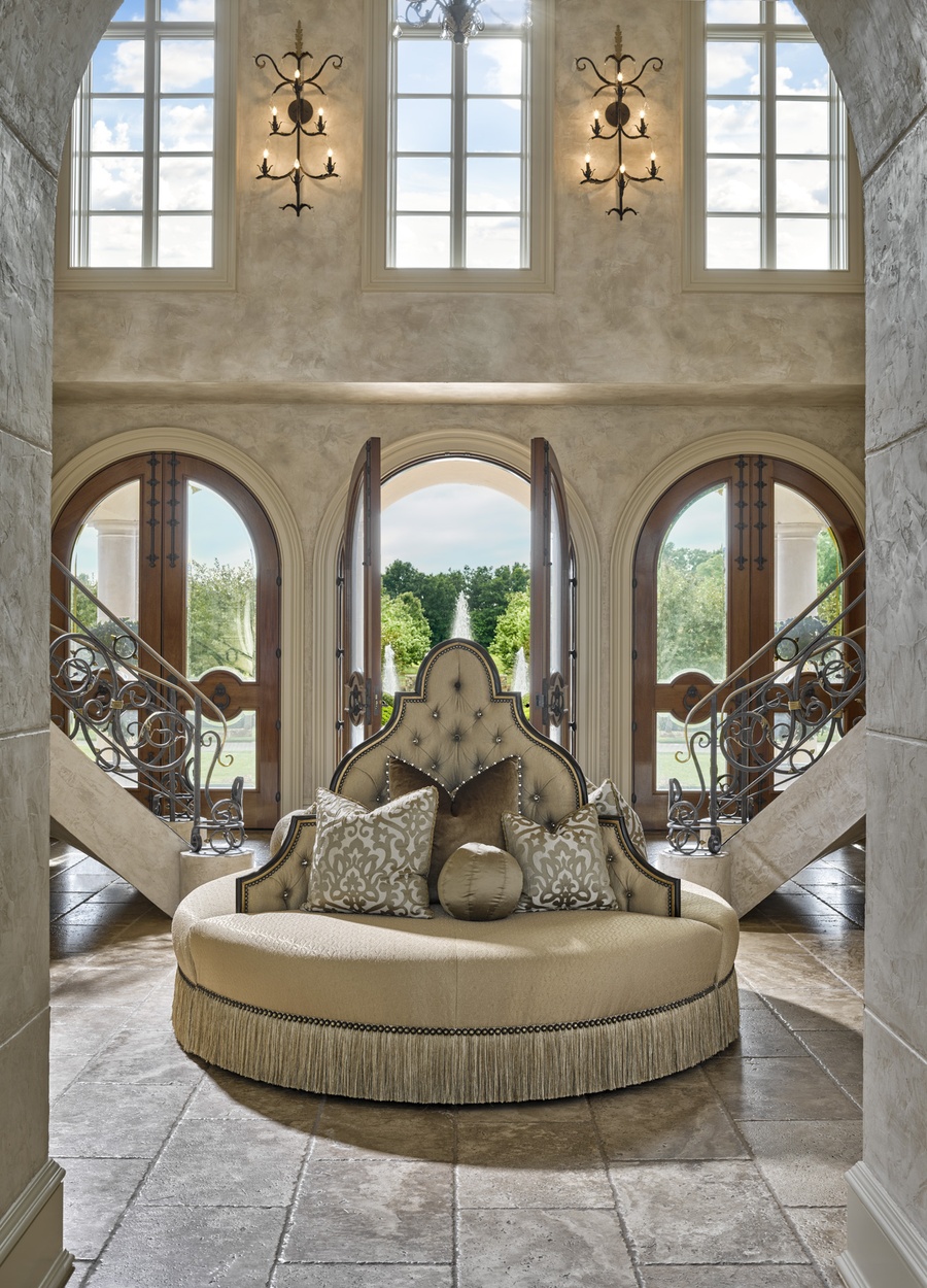 Oasis Round&nbsp;Sofa shown with:Tight seatButton tufted backBullionDecorative&nbsp;tape band over bullionSumatra finish with Specailty&nbsp;Leaf finish trim Silver Star nailhead frame trim
Available in a selection of finishes and finish trims