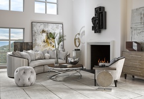 Odessa Sofa shown with:Boxed benchBuilt-to-the-floor baseBombay finish with Silver Cloud trimMerengue nailhead frame trim