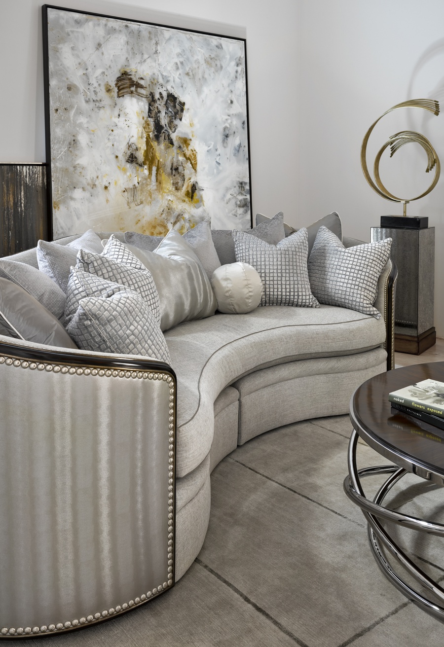 Odessa Sofa shown with:Boxed benchBuilt-to-the-floor baseBombay finish with Silver Cloud trimMerengue nailhead frame trim