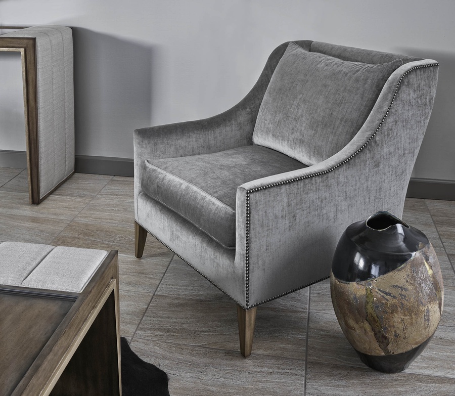 Olinda Chair shown with:Latte finishGunmetal nailhead frame trim