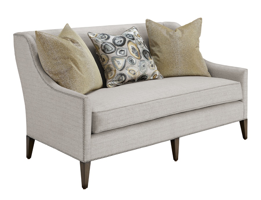 Olinda Love Seat shown with:Built-to-the-Floor with Exposed Wood Legs in Pumice finishPewter nailhead frame trim