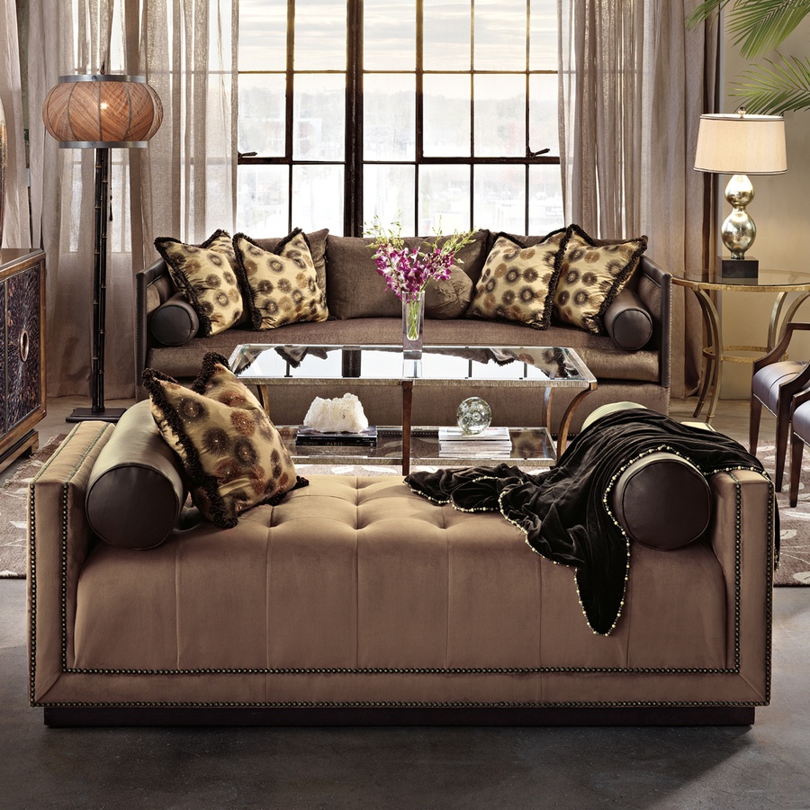Celine Bench&nbsp;shown with:Tight seat with boxed detailBuilt-to-the-floor with wood plinth base in Sumatra finishBronze Star nailhead frame trim