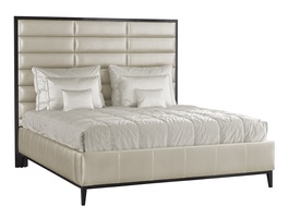 Palo Alto Contemporary Bed shown with:Horizontal panels upholstery styleExposed wood leg base in Bombay finishSeamed panel rails