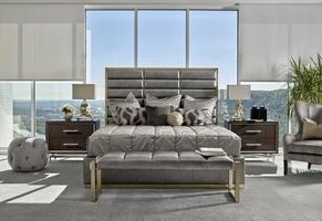 Palo Alto Contemporary Bed shown with:Horizontal panels upholstery styleWood Plinth&nbsp;base in Cashmere Silver finishSeamed panel rails