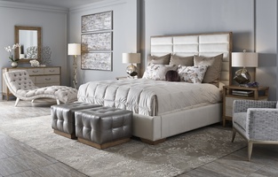 Palo Alto Contemporary Bed shown with:Horizontal panels upholstery styleBracket Legs&nbsp;in&nbsp;Almond finishSeamed&nbsp;panel rails