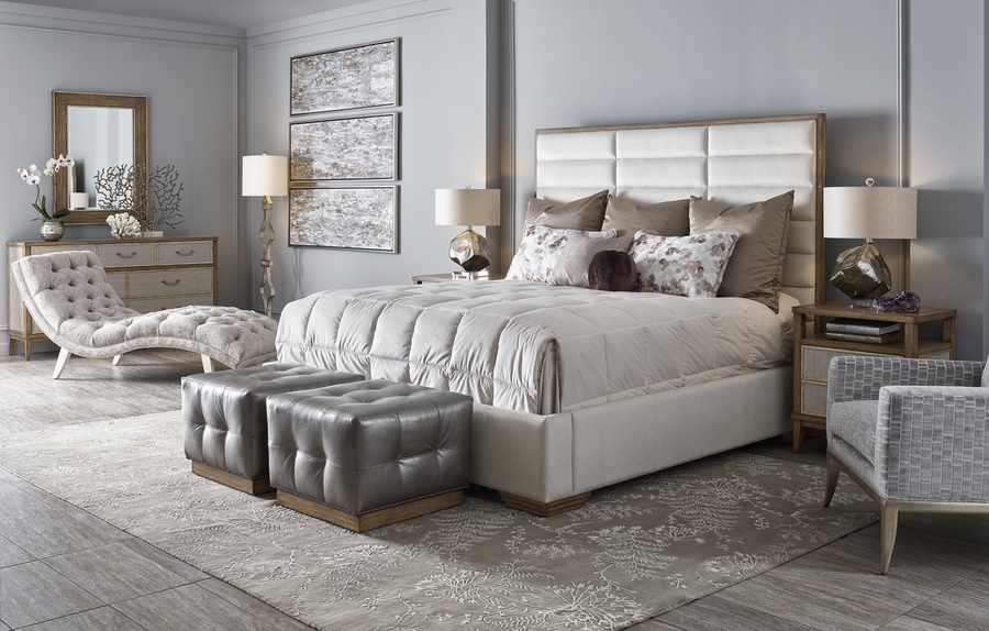 Palo Alto Contemporary Bed shown with:Horizontal panels upholstery styleWood Plinth&nbsp;base in Cashmere Silver finishPlain&nbsp;panel rails