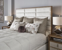 Palo Alto Contemporary Bed shown with:Horizontal panels upholstery styleBracket Legs&nbsp;in&nbsp;Almond&nbsp;finishSeamed&nbsp;panel rails