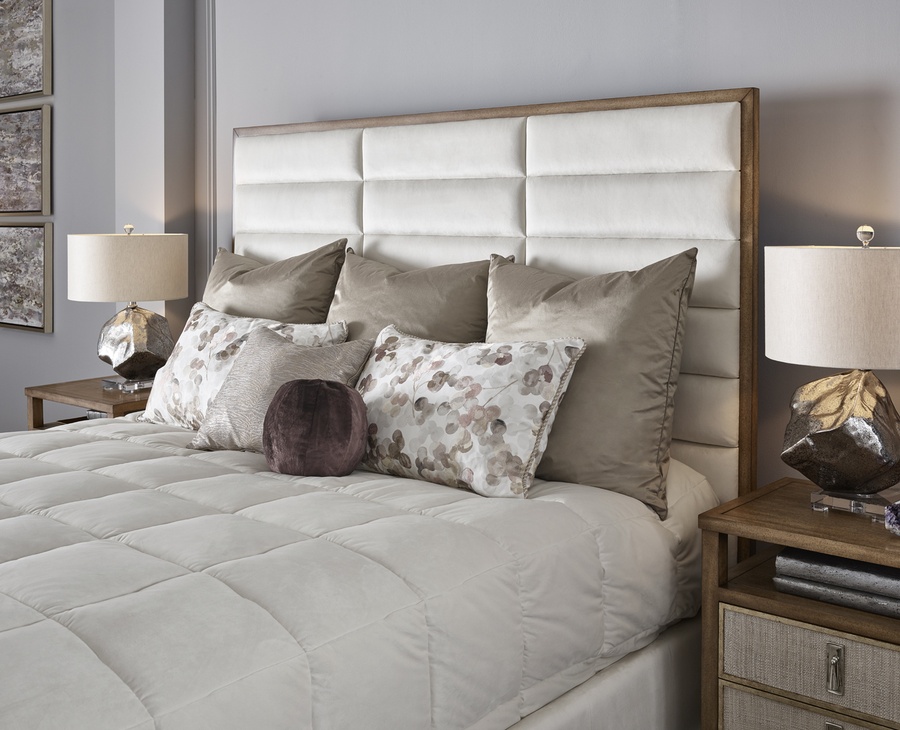 Palo Alto Contemporary Bed shown with:Horizontal panels upholstery styleWood Plinth&nbsp;base in Cashmere Silver finishPlain&nbsp;panel rails