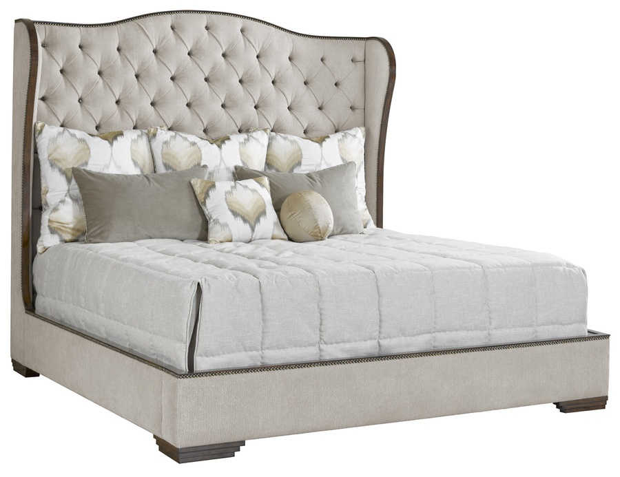 Palo Alto Traditional Bed shown with:Button tufted upholstery styleBracket&nbsp;leg base in Havana finishPlain panel railsBronze&nbsp;Star nailhead frame trim