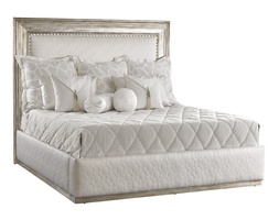 Palo Alto Transitional&nbsp;Bed shown with:Plain upholstery styleWood plinth&nbsp;base in Silver Cloud finishPlain panel railsMerengue nailhead frame trim spaced over decorative tape