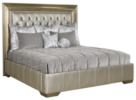 Palo Alto Transitional&nbsp;Bed shown with:Diamond&nbsp;Tufted&nbsp;upholstery style with Merengue buttonsBracket Leg&nbsp;base in Cashmere Silver&nbsp;finishSeamed&nbsp;panel railsMerengue nailhead frame trim spaced over decorative tape