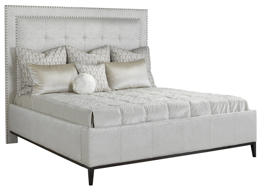 Palo Alto Fully Upholstered Bed shown with:Box quilted&nbsp;upholstery styleExposed wood leg base in Bombay finishSeamed panel railsSilver nailhead frame trim