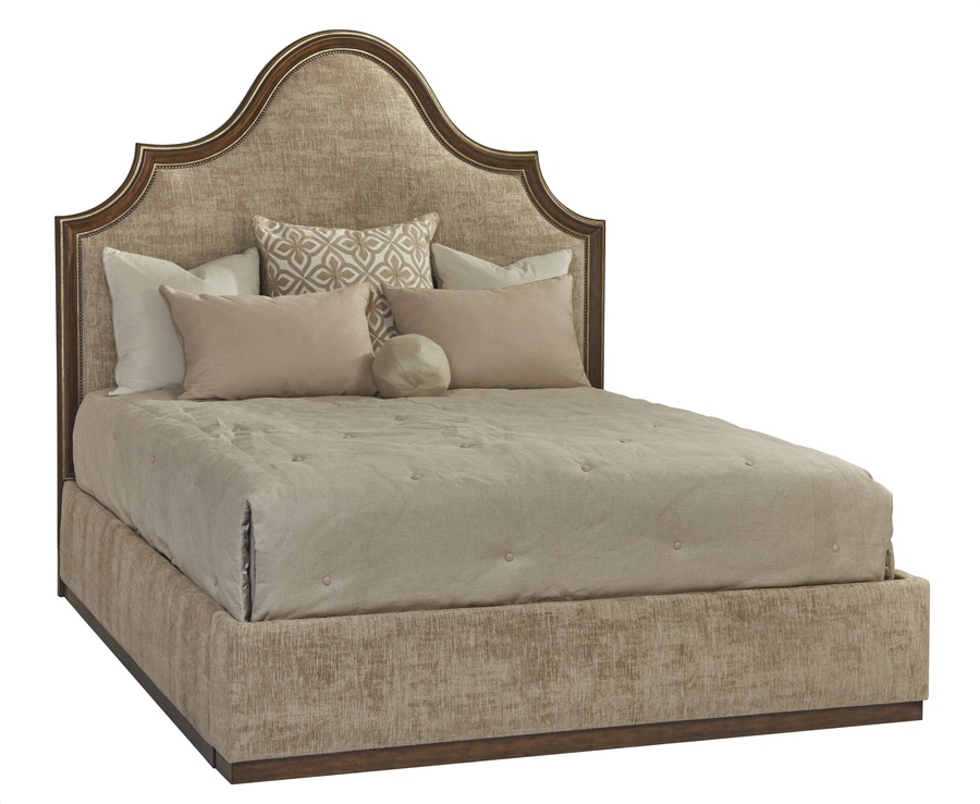 Palo Alto Traditional Bed shown with:Headboard in Saddle finish with&nbsp;Burnished Silver leaf finish trimPlain&nbsp;upholstery styleWood plinth&nbsp;base in Saddle finishPlain panel railsGunmetal&nbsp;nailhead frame trim